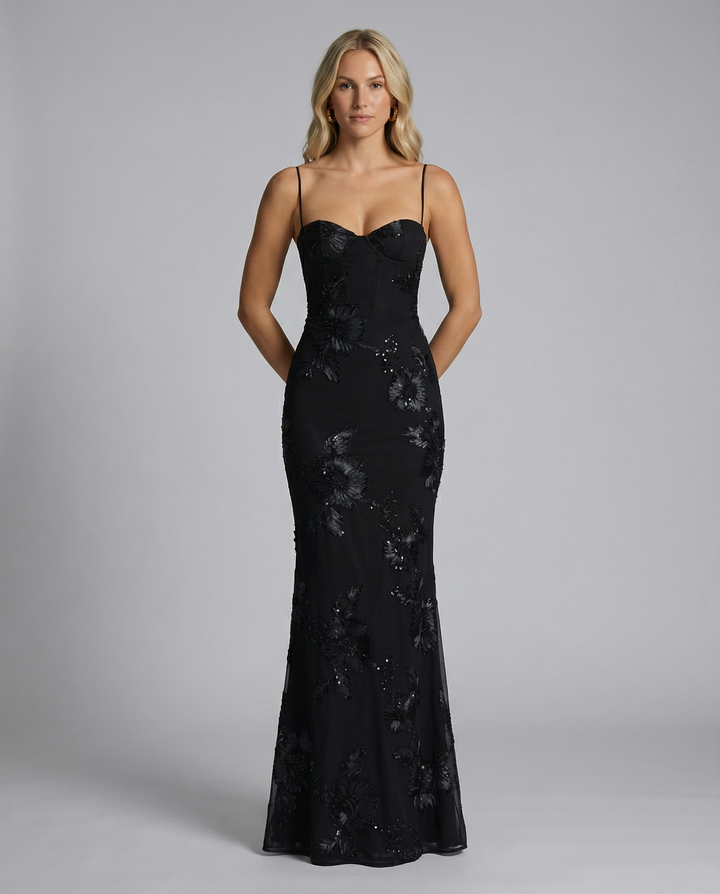 Floral Appliqué Womens Mermaid Maxi Dress, Formal Prom