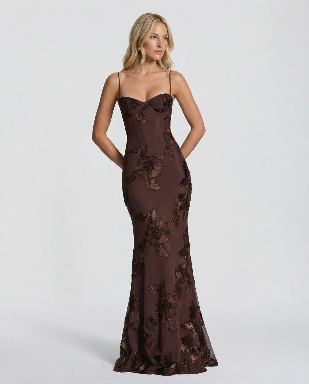 Floral Appliqué Womens Mermaid Maxi Dress, Formal Prom