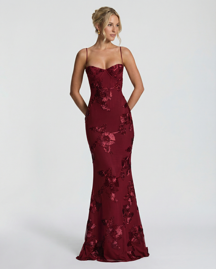Floral Appliqué Womens Mermaid Maxi Dress, Formal Prom