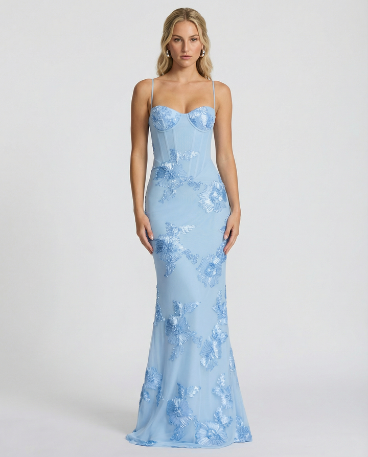 Floral Appliqué Womens Mermaid Maxi Dress, Formal Prom
