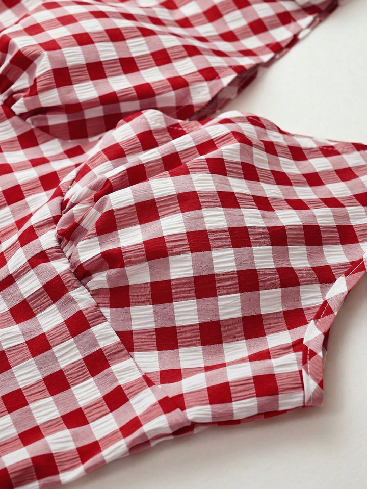 Checkered Strapless A-Line Womens Mini Dress, Bow Detail