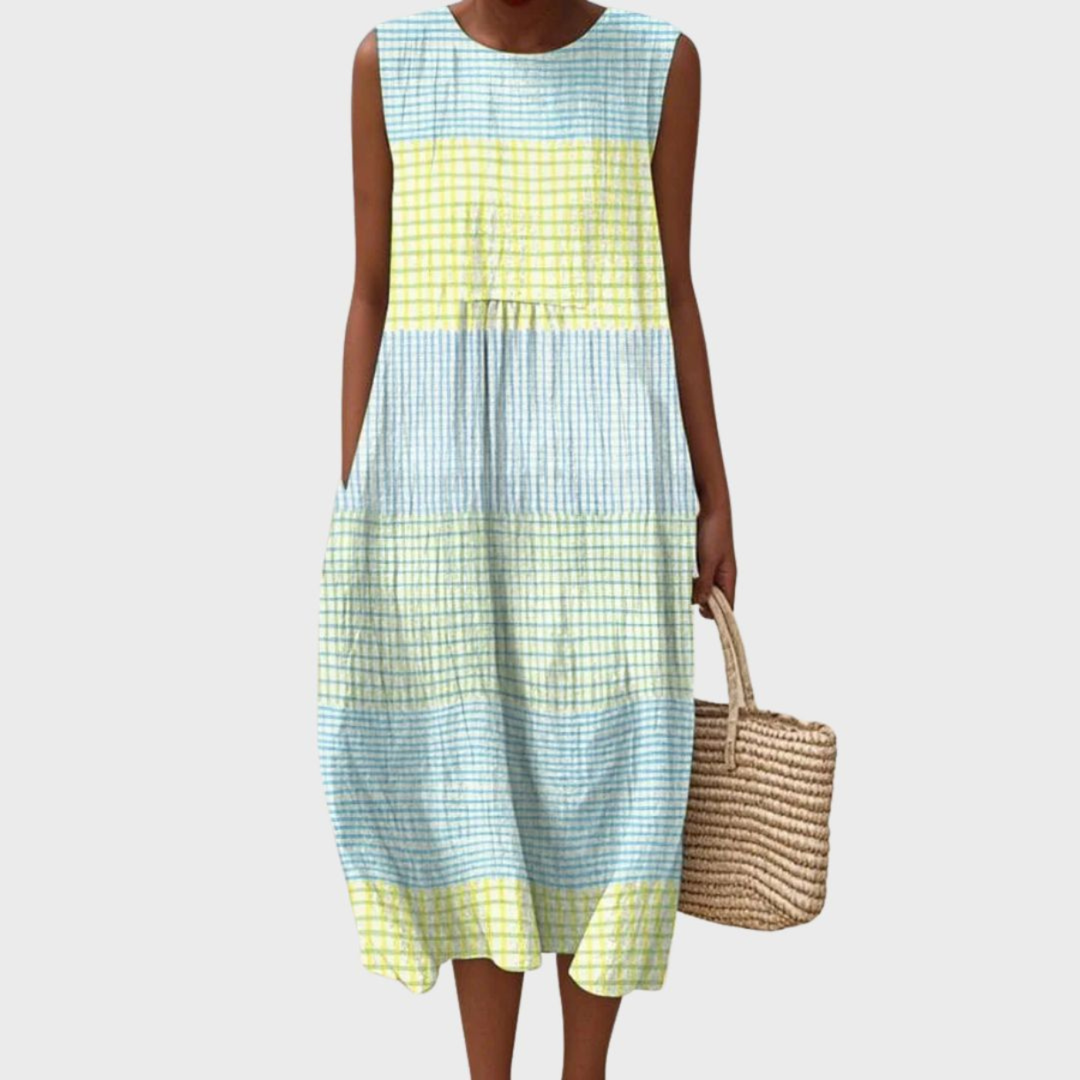 Plaid Sleeveless Womens Midi Dress in Breathable Linen