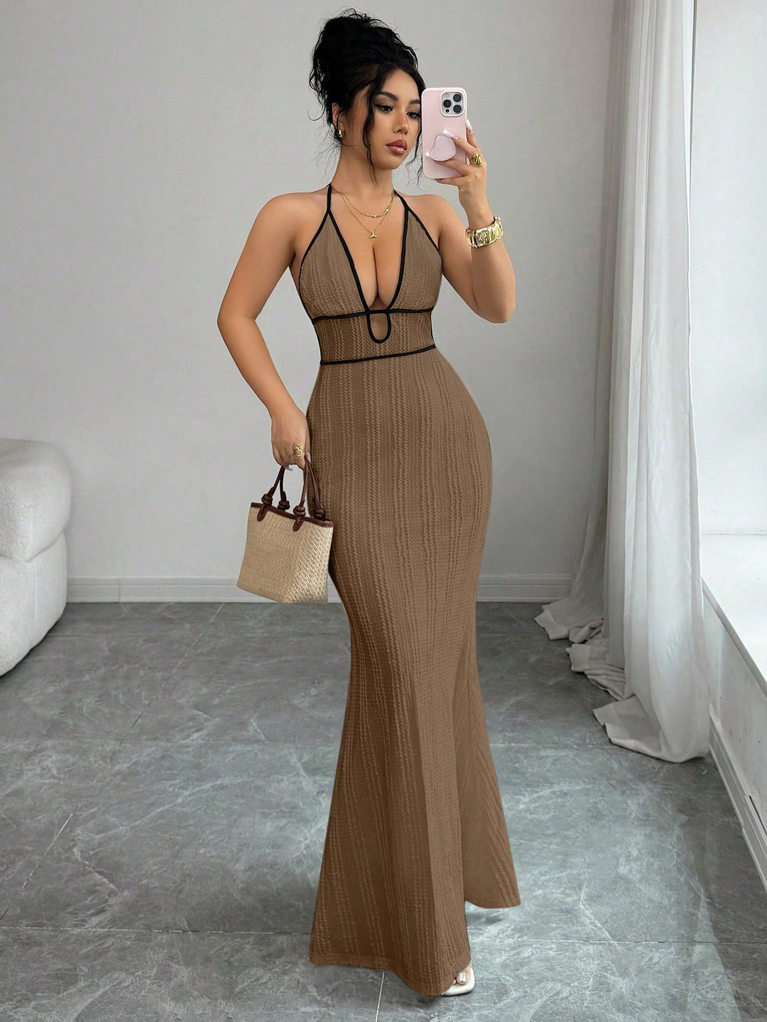 Textured Bodycon Womens Cami Maxi Dress, Date Night
