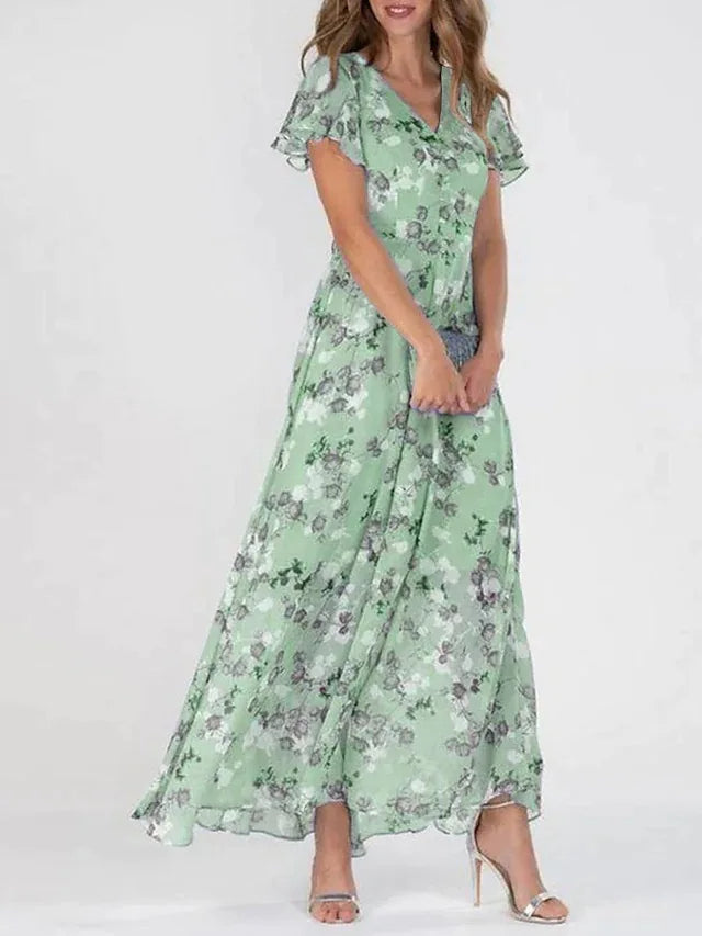 Floral Flutter-Sleeve Chiffon Womens Maxi Dress, V-Neck