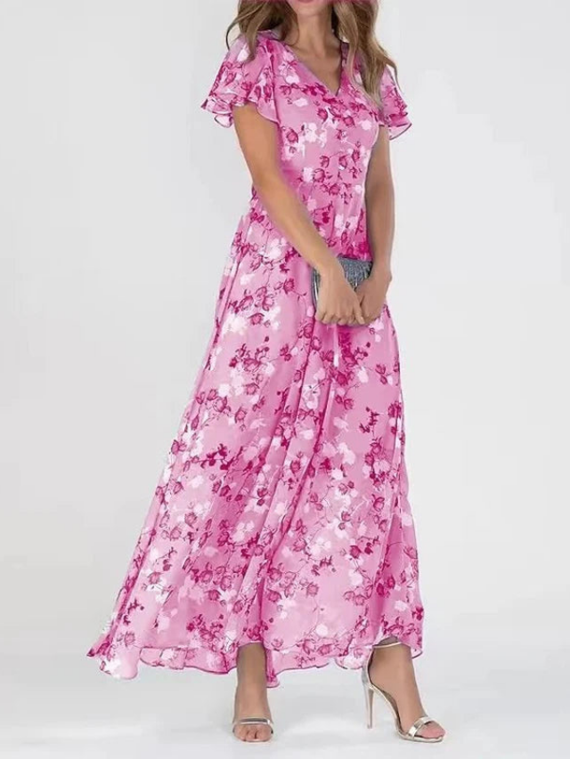 Floral Flutter-Sleeve Chiffon Womens Maxi Dress, V-Neck