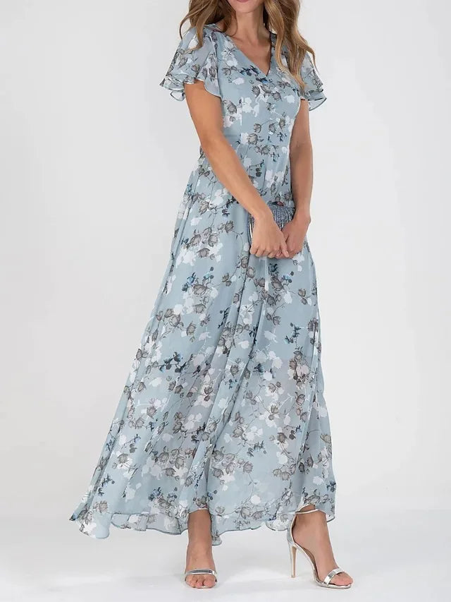 Floral Flutter-Sleeve Chiffon Womens Maxi Dress, V-Neck