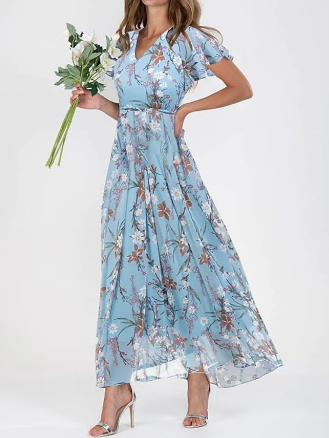 Floral Flutter-Sleeve Chiffon Womens Maxi Dress, V-Neck