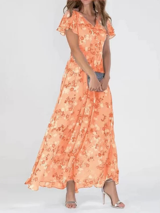 Floral Flutter-Sleeve Chiffon Womens Maxi Dress, V-Neck