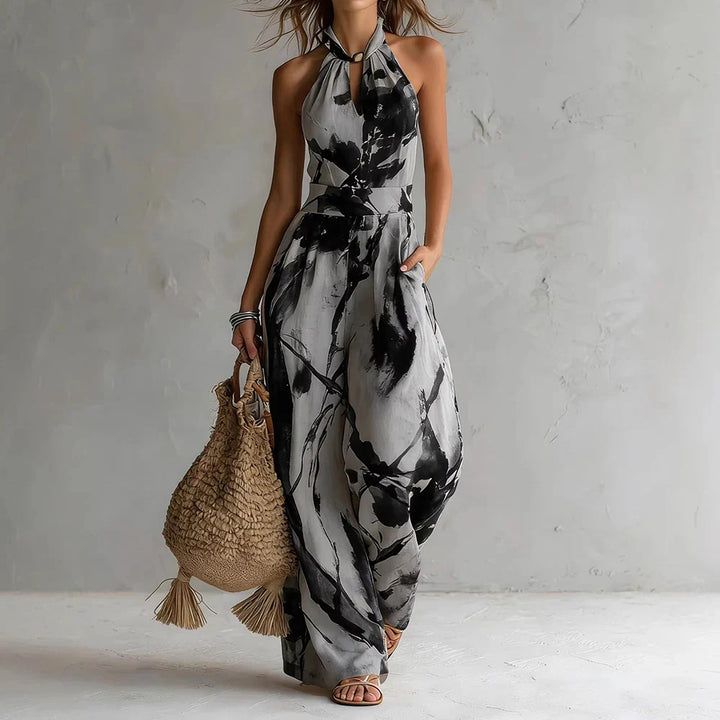 Halter High-Waist Womens Maxi Dress, Flowing Printed