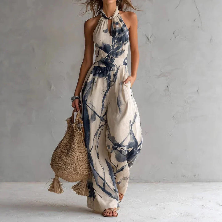 Halter High-Waist Womens Maxi Dress, Flowing Printed