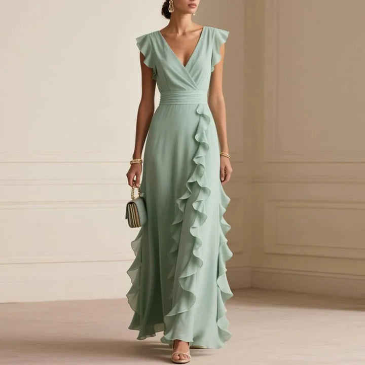 Deep V-Neck Ruffle Womens Maxi Dress, Butterfly Sleeve