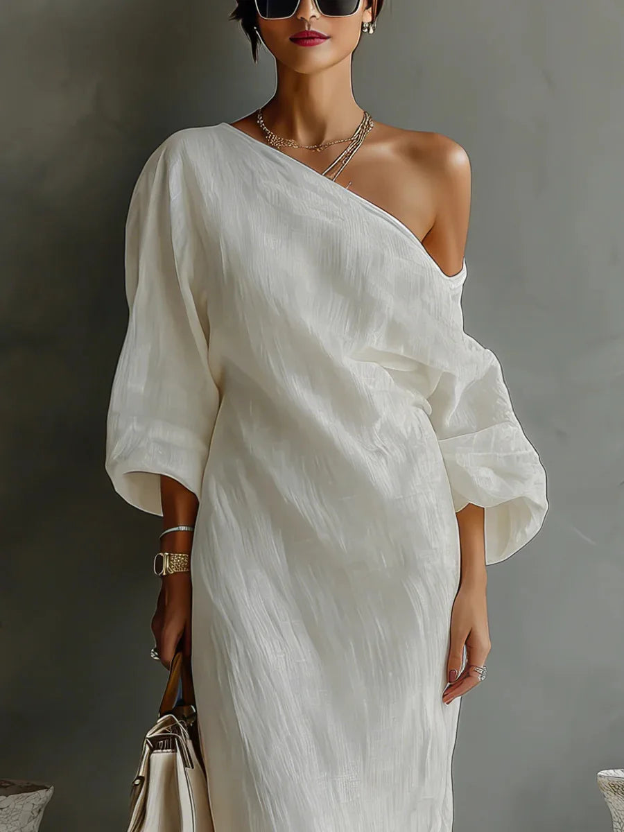 One-Shoulder Batwing Womens Midi Dress in Linen Blend