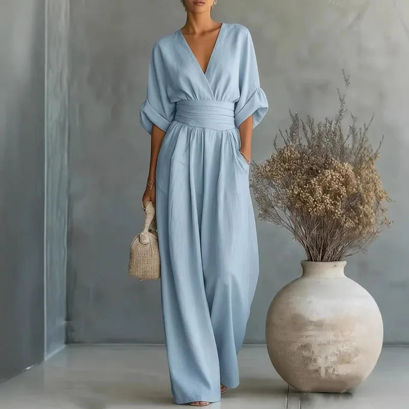 Deep V-Neck Wide-Leg Chiffon Womens Jumpsuit, Pockets