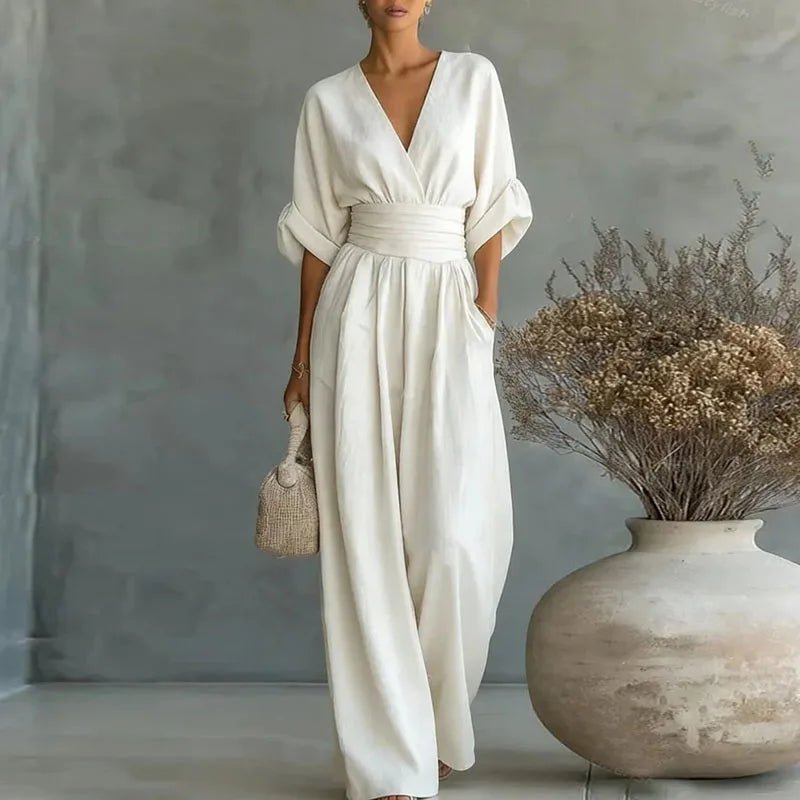 Deep V-Neck Wide-Leg Chiffon Womens Jumpsuit, Pockets
