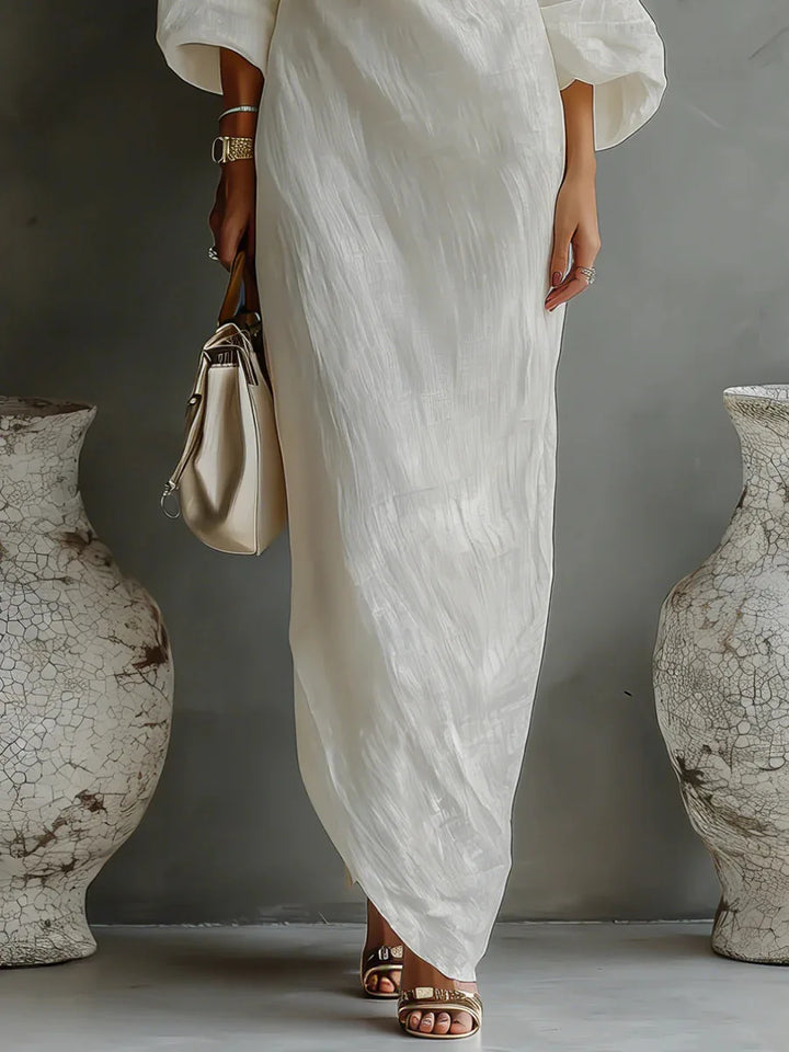 One-Shoulder Batwing Womens Midi Dress in Linen Blend