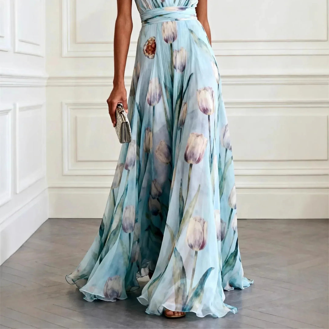 Tulip Print Chiffon Womens Maxi Dress, V-Neck Sleeveless