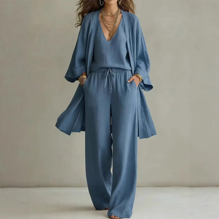 Linen Womens Three-Piece Lounge Set, Cardigan &amp; Pants