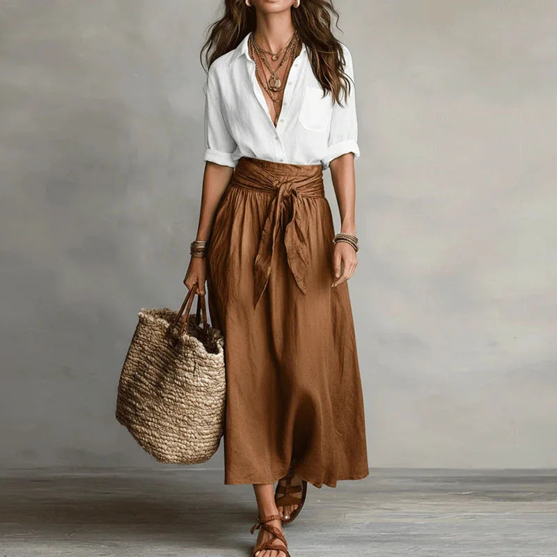 Linen Womens Co-Ord Set, Button-Down Top &amp; Midi Skirt