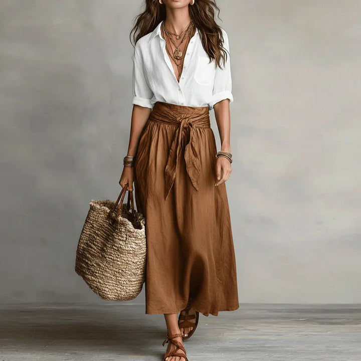 Linen Womens Co-Ord Set, Button-Down Top &amp; Midi Skirt