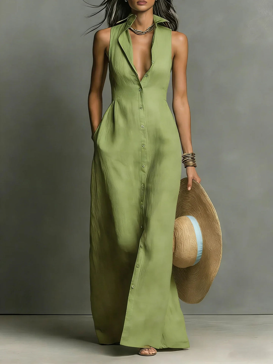 Sleeveless Tailored Lapel Womens Shirt Dress, Fitted