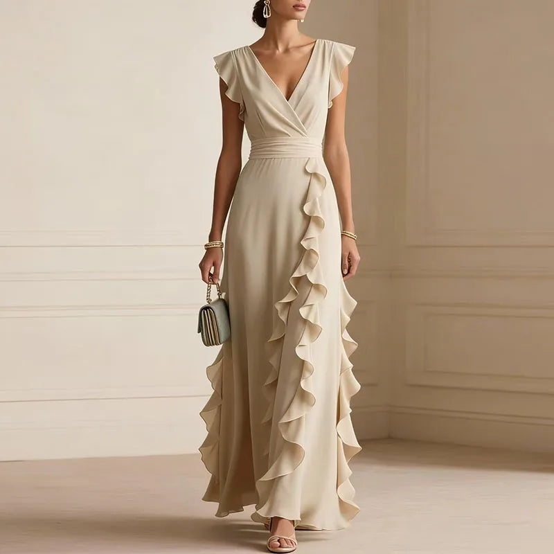 Deep V-Neck Ruffle Womens Maxi Dress, Butterfly Sleeve