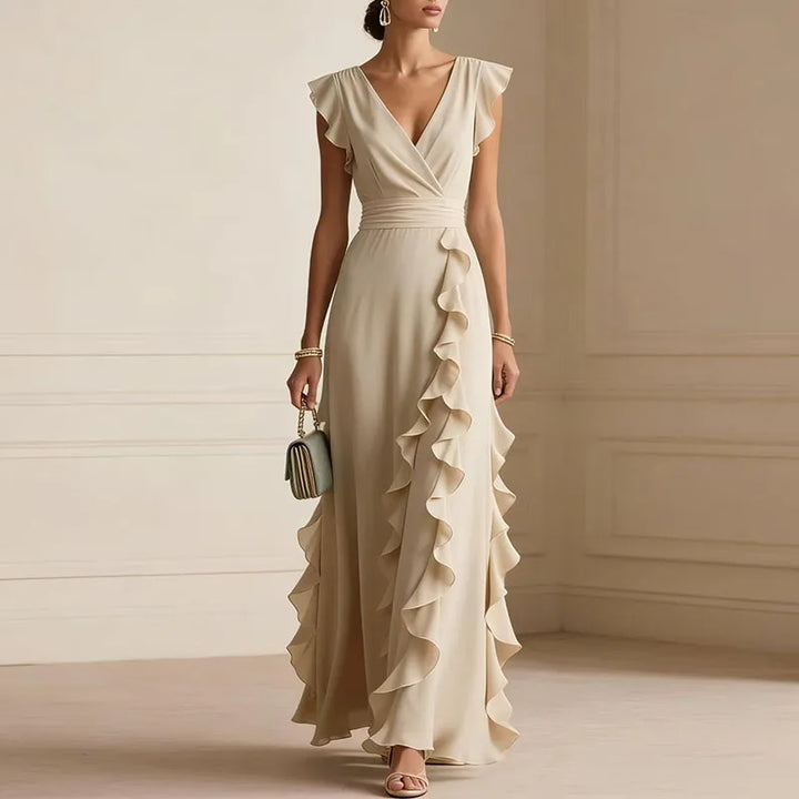Deep V-Neck Ruffle Womens Maxi Dress, Butterfly Sleeve