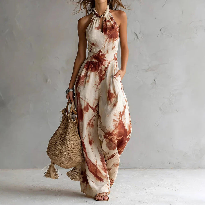 Halter High-Waist Womens Maxi Dress, Flowing Printed
