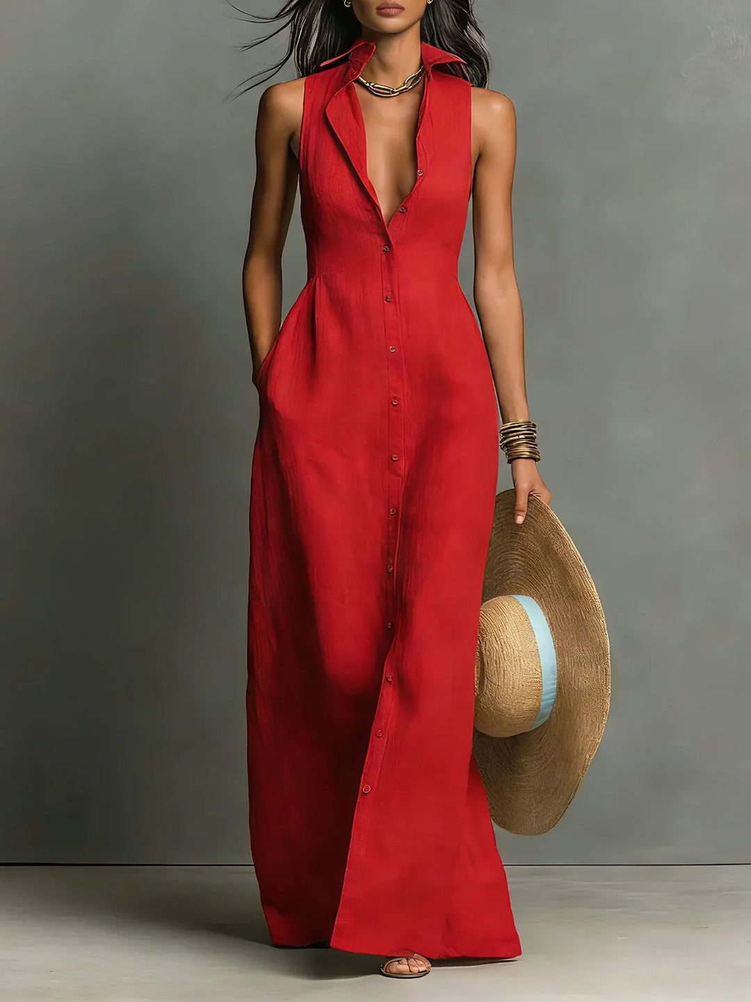 Sleeveless Tailored Lapel Womens Shirt Dress, Fitted