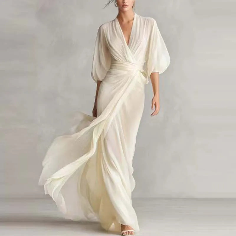 Deep V-Neck Chiffon Womens Wrap Maxi Dress, Batwing