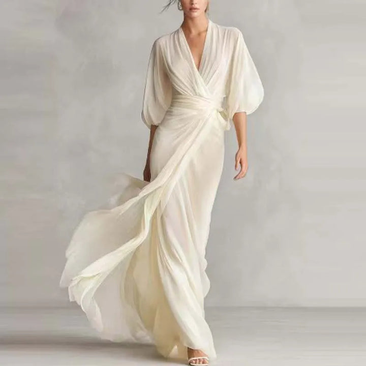 Deep V-Neck Chiffon Womens Wrap Maxi Dress, Batwing