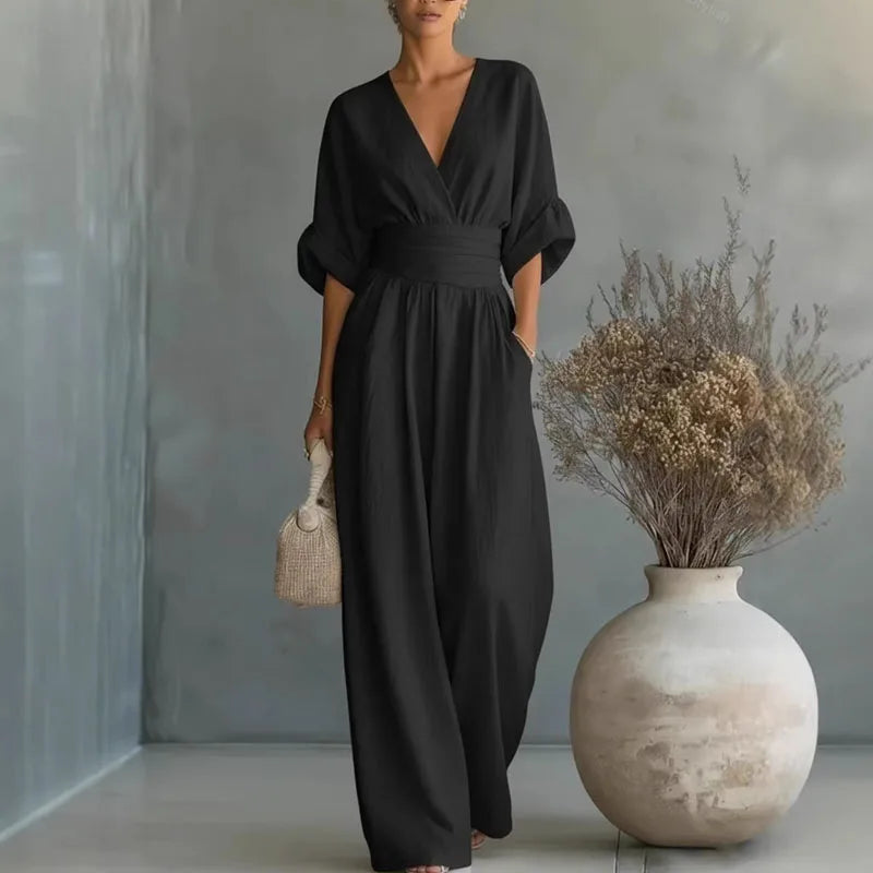 Deep V-Neck Wide-Leg Chiffon Womens Jumpsuit, Pockets