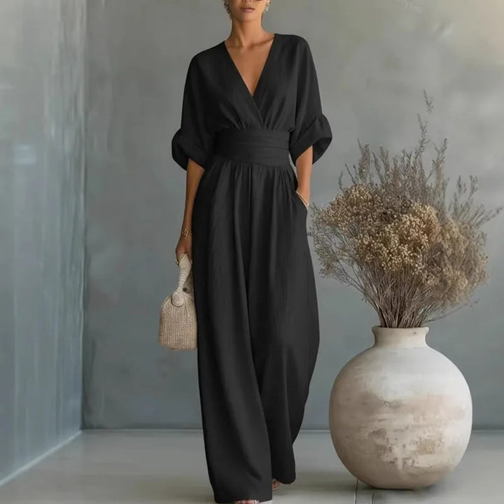 Deep V-Neck Wide-Leg Chiffon Womens Jumpsuit, Pockets