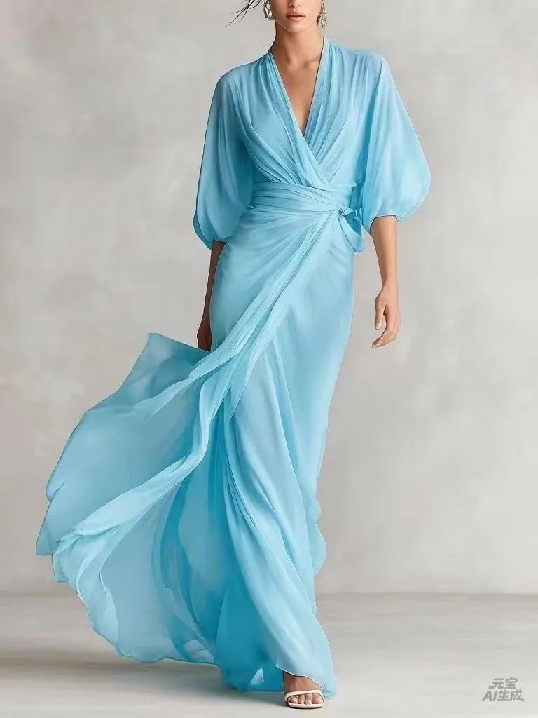 Deep V-Neck Chiffon Womens Wrap Maxi Dress, Batwing