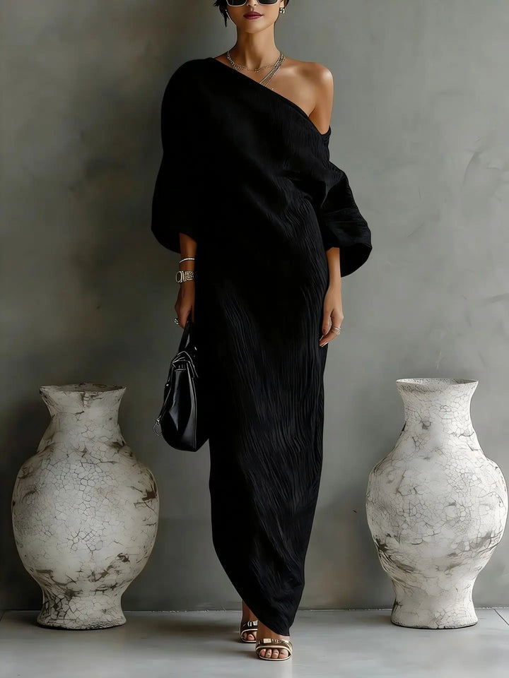 One-Shoulder Batwing Womens Midi Dress in Linen Blend