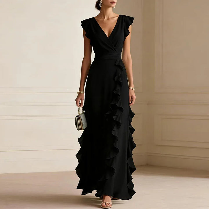 Deep V-Neck Ruffle Womens Maxi Dress, Butterfly Sleeve