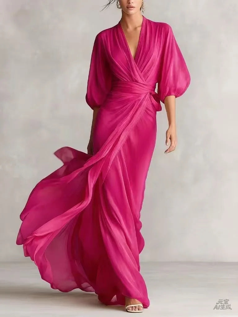 Deep V-Neck Chiffon Womens Wrap Maxi Dress, Batwing