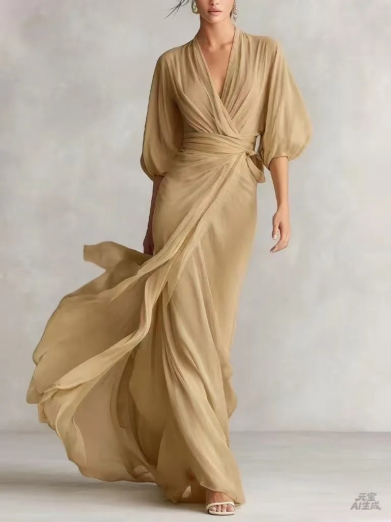 Deep V-Neck Chiffon Womens Wrap Maxi Dress, Batwing
