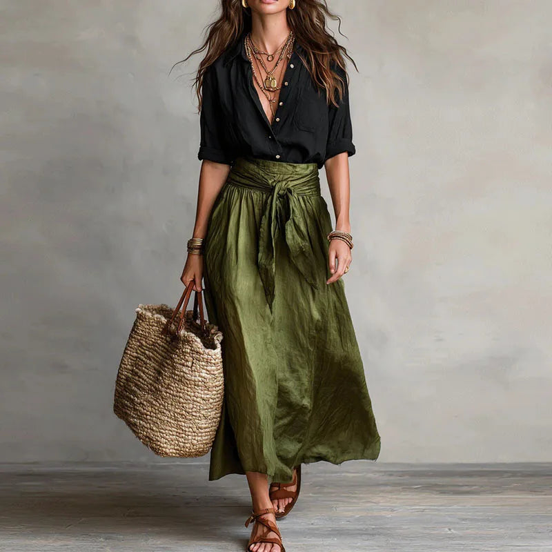 Linen Womens Co-Ord Set, Button-Down Top &amp; Midi Skirt