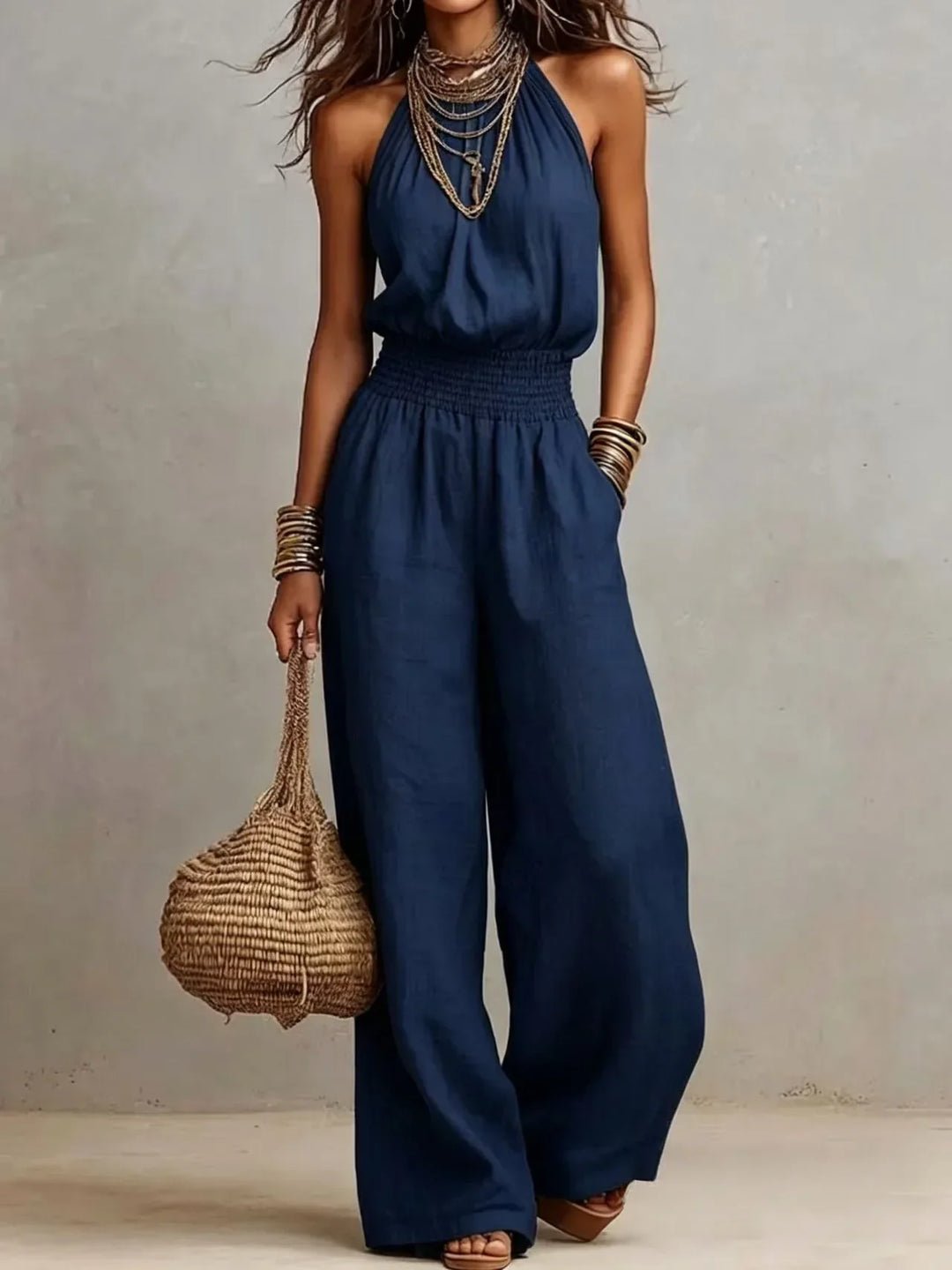 Halter Womens Wide-Leg Jumpsuit, Elastic Waist Flowy