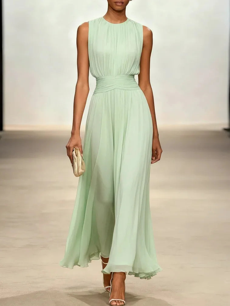 Pleated Sleeveless Flowy Womens Maxi Dress, Occasion