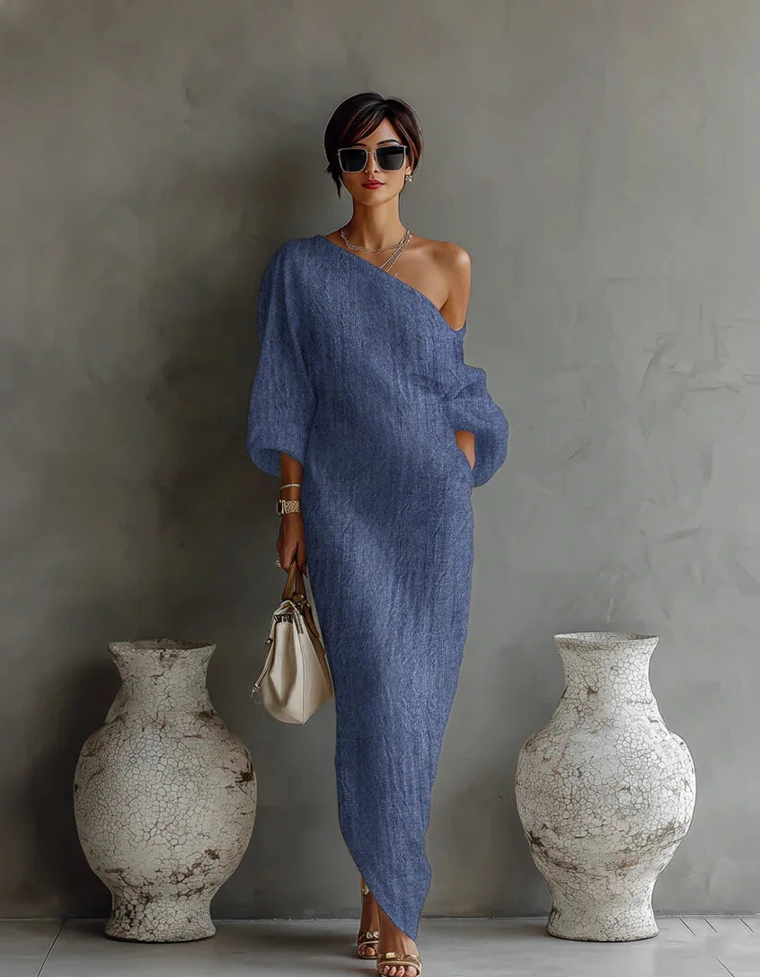 One-Shoulder Batwing Womens Midi Dress in Linen Blend