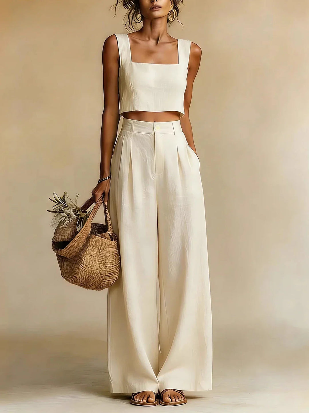 Crop Top &amp; Palazzo Pants Womens Set, Square-Neck