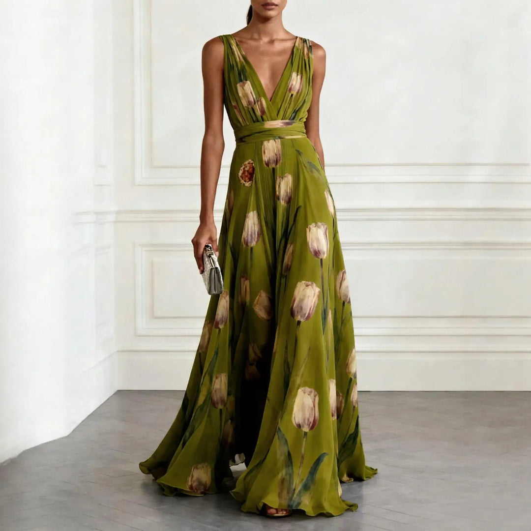 Tulip Print Chiffon Womens Maxi Dress, V-Neck Sleeveless