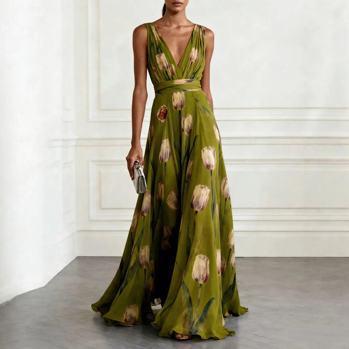 Tulip Print Chiffon Womens Maxi Dress, V-Neck Sleeveless