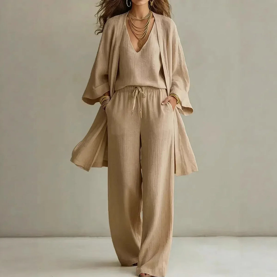 Linen Womens Three-Piece Lounge Set, Cardigan &amp; Pants