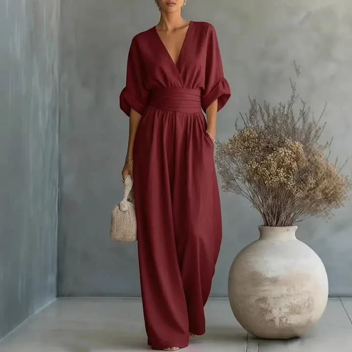 Deep V-Neck Wide-Leg Chiffon Womens Jumpsuit, Pockets
