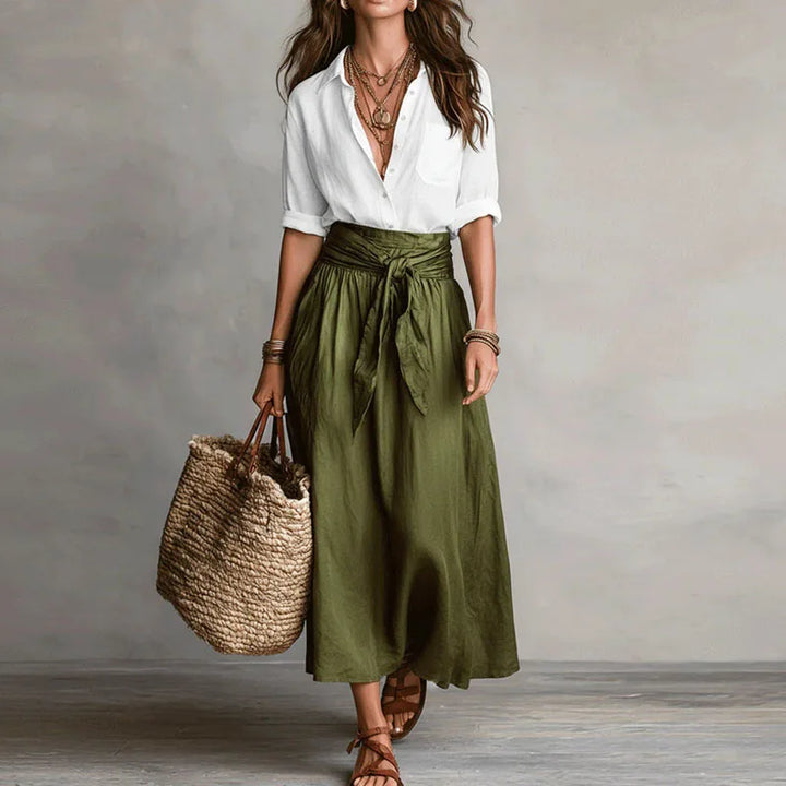 Linen Womens Co-Ord Set, Button-Down Top &amp; Midi Skirt