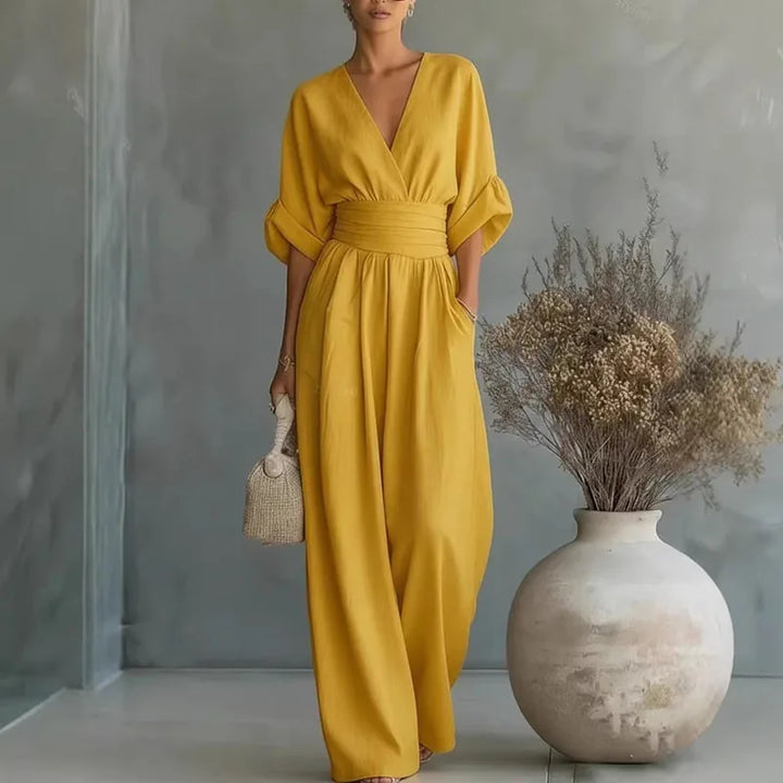 Deep V-Neck Wide-Leg Chiffon Womens Jumpsuit, Pockets