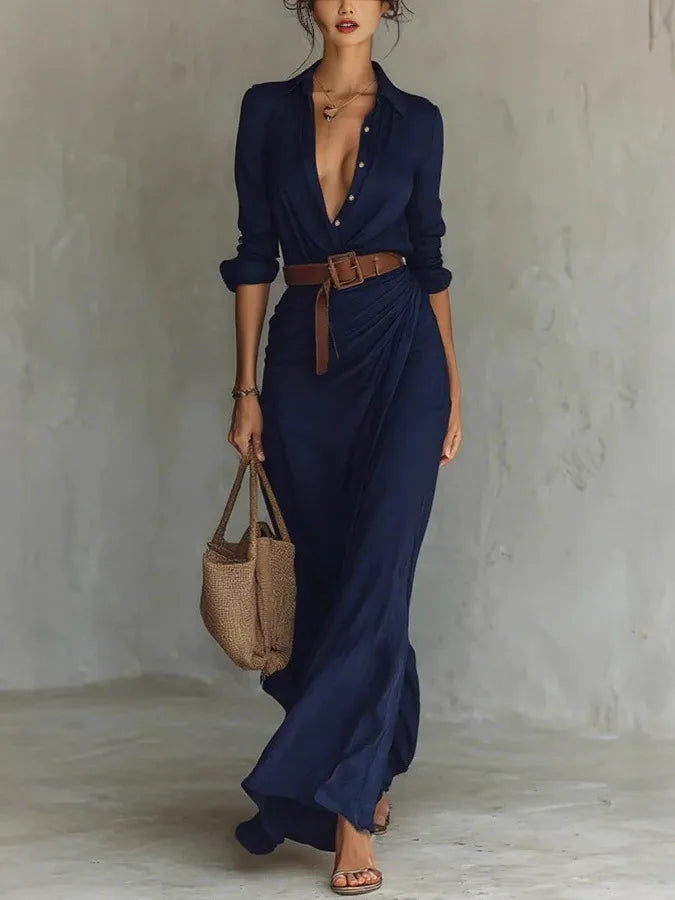 V-Neck Tie-Waist Womens Wrap Maxi Dress, Pleated Flow