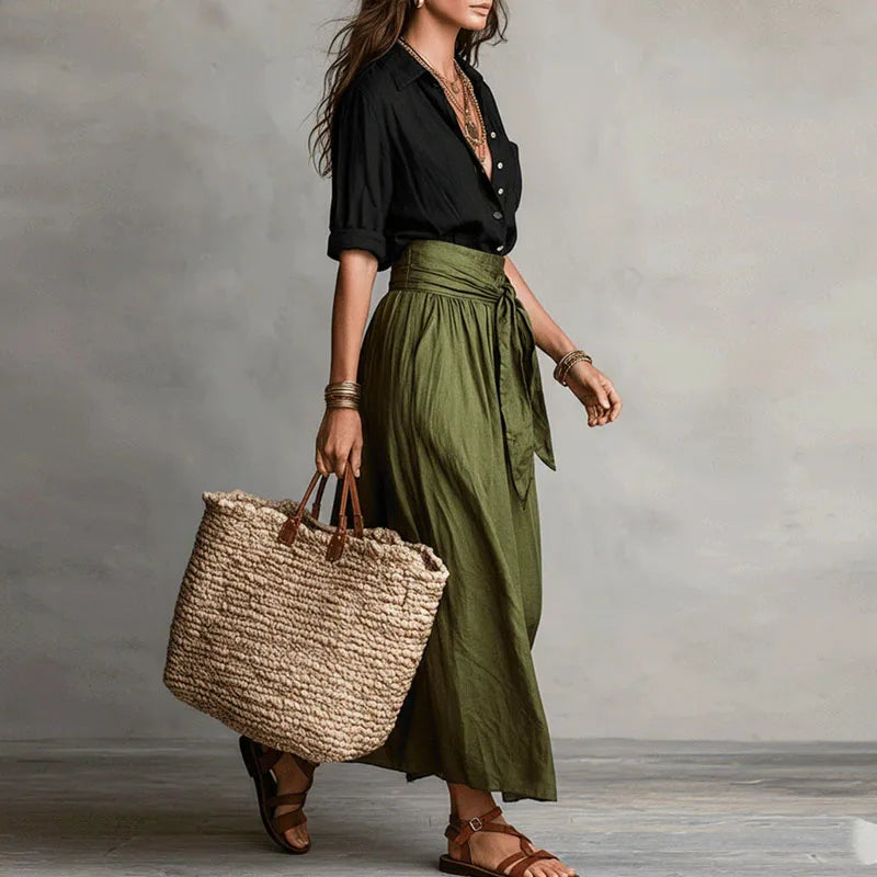 Linen Womens Co-Ord Set, Button-Down Top &amp; Midi Skirt